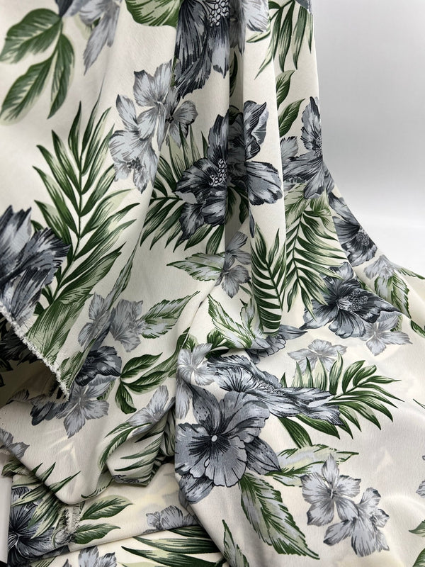 Ivory Blue Leaf Floral Lightweight Non Stretch Woven Fabric