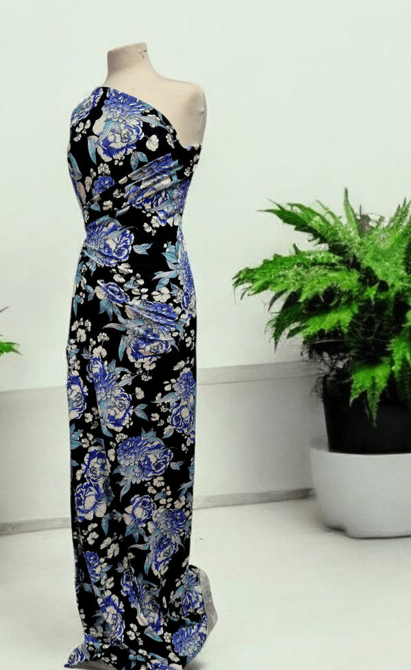 Large Blue Sketch Floral Print Viscose Elastane Fabric