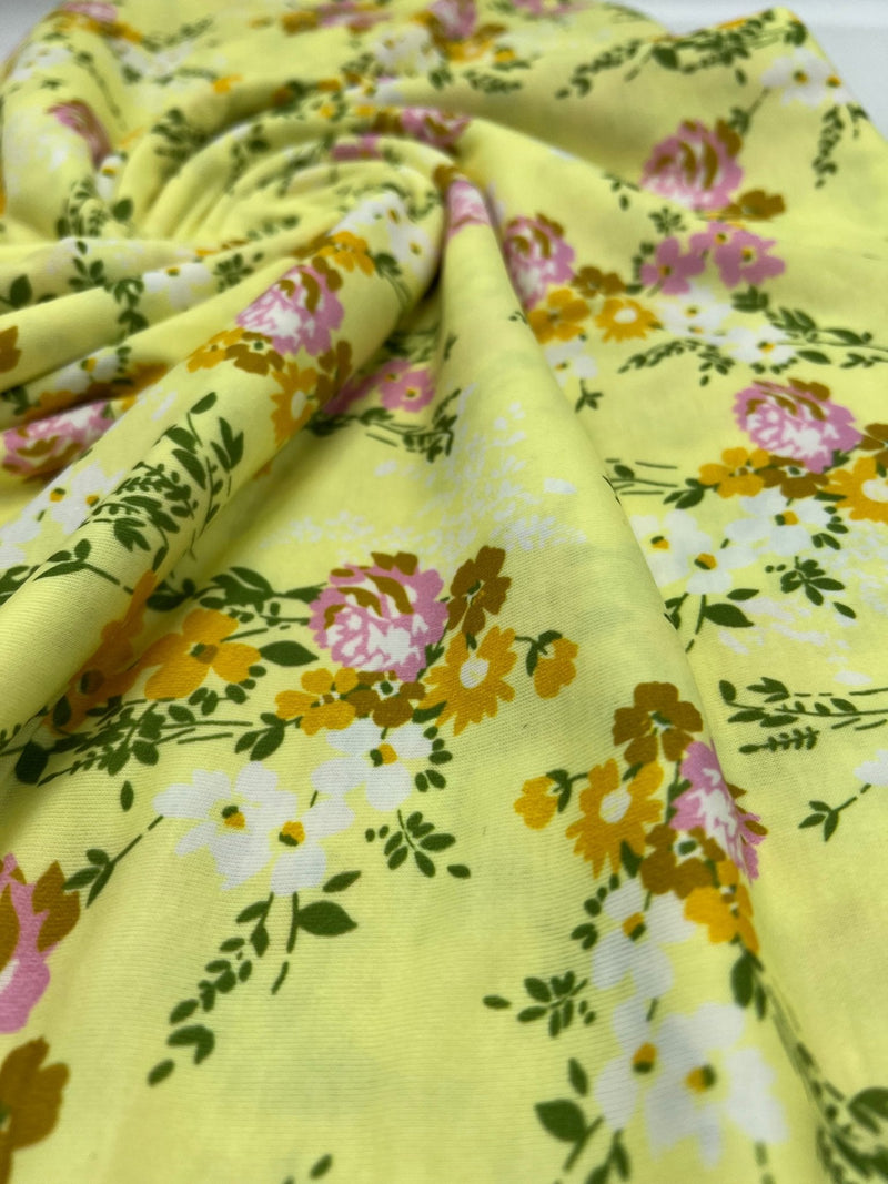 Lemon Yellow Floral Print Spun Poly Stretch Fabric