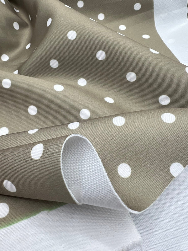 Light Olive White Polka Dot Printed Plain Scuba 4 Way Stretch Jersey Fabric