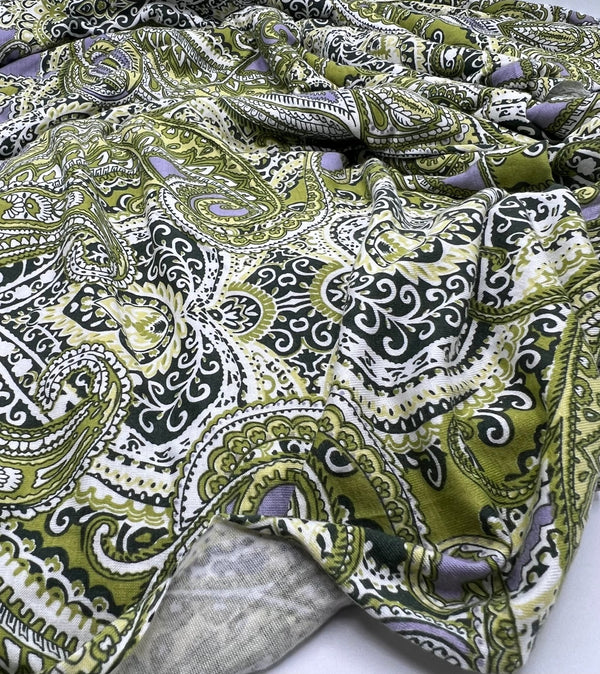 Lime Paisley Mix Print Viscose Elastane Fabric
