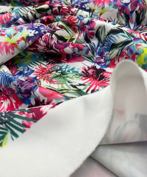 Multi Floral Printed Plain Scuba 4 Way Stretch Jersey Fabric