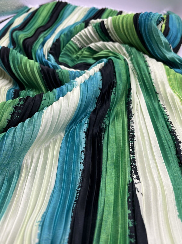 Multi Green Stripe Printed Plisse Pleated Stretch Fabric