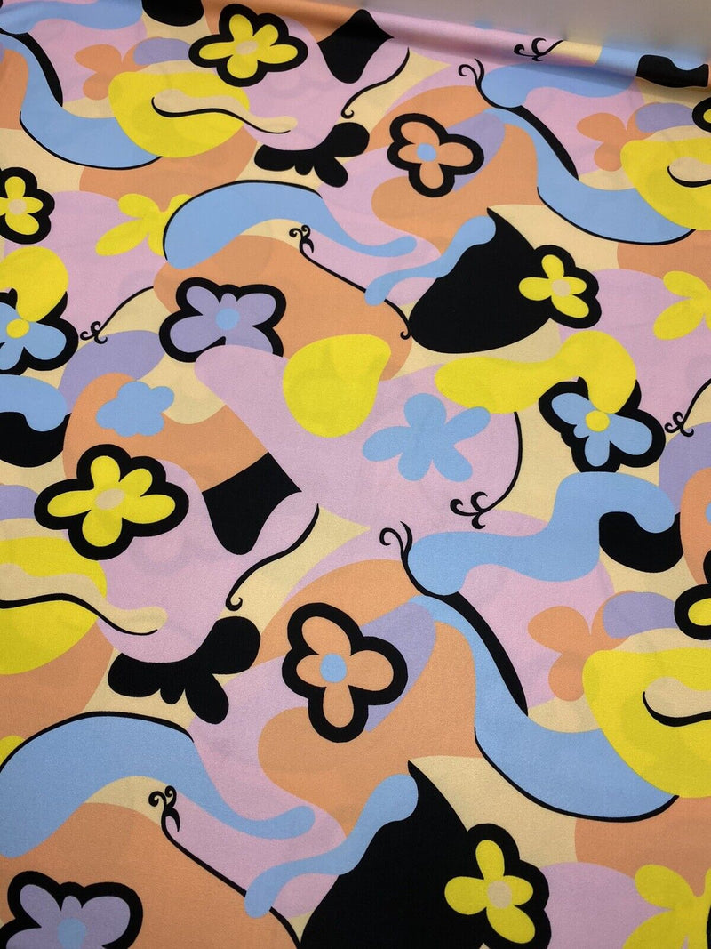 Multi Pastel Funky Retro Print Soft Touch Stretch Fabric