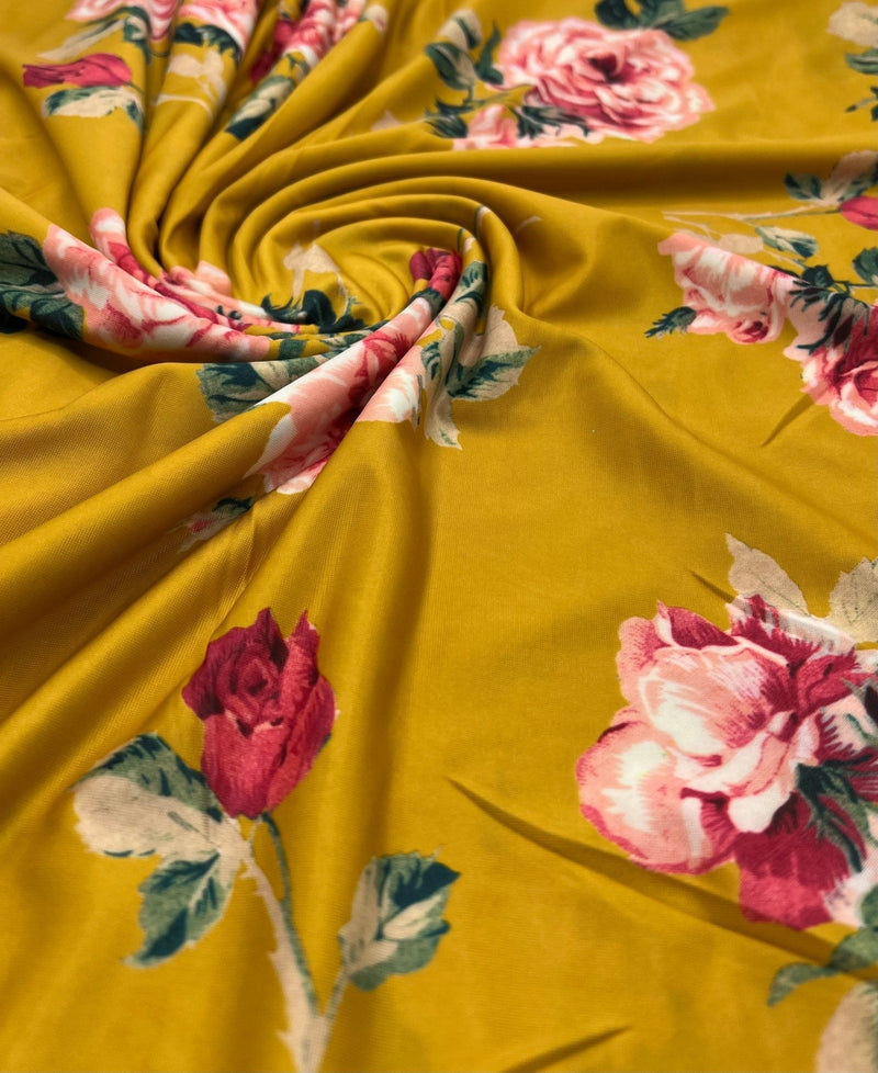 Mustard Yellow Floral Print Soft Touch 4 Way Stretch Fabric