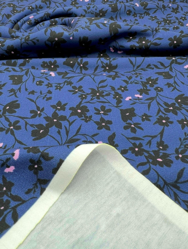 Navy Blue Ditsy Floral Print Viscose Elastane 4 Way Stretch Fabric