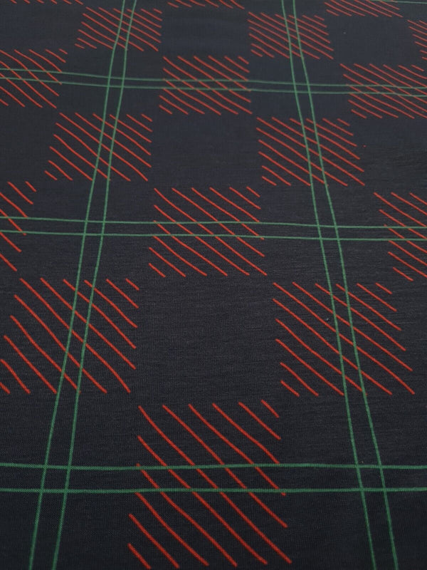 Navy Checkered Detail Print Spun Poly Stretch Fabric