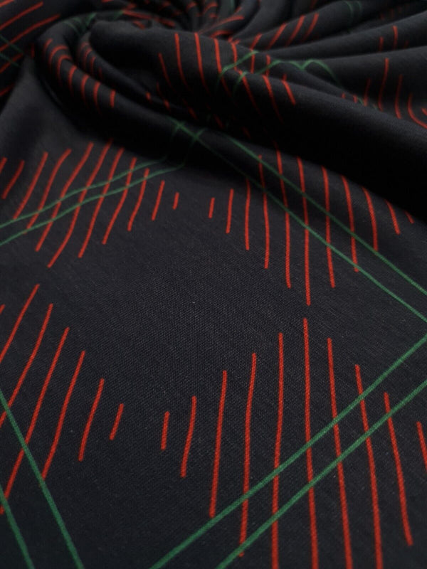 Navy Checkered Detail Print Spun Poly Stretch Fabric