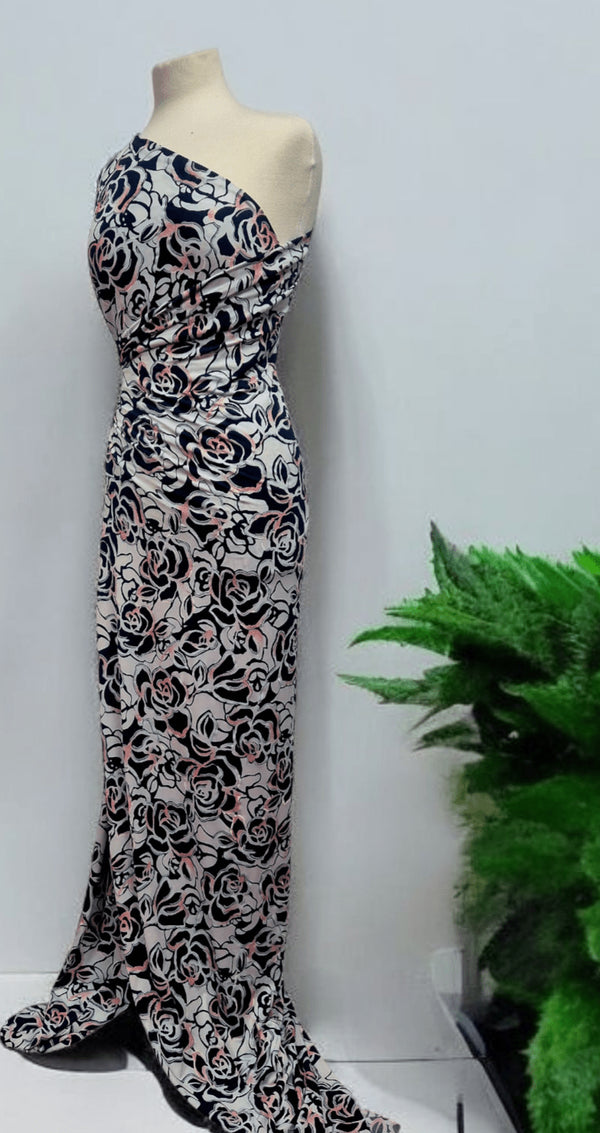 Navy Red Rose On White Print Soft Touch 4 Way Stretch Fabric