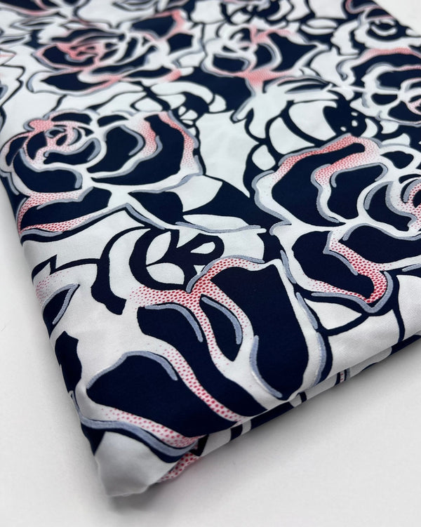 Navy Red Rose On White Print Soft Touch 4 Way Stretch Fabric