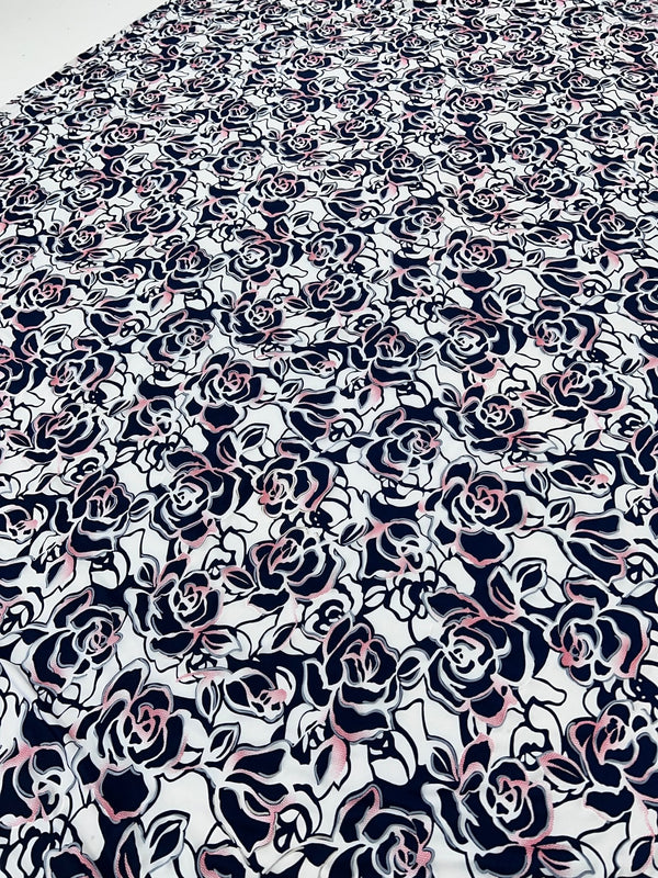 Navy Red Rose On White Print Soft Touch 4 Way Stretch Fabric