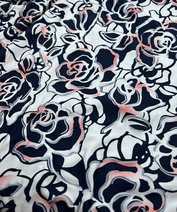 Navy Red Rose On White Print Soft Touch 4 Way Stretch Fabric
