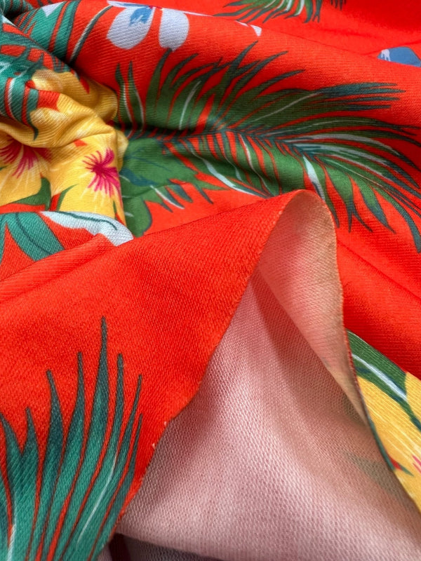 Orange Floral Print Spun Poly Stretch Fabric