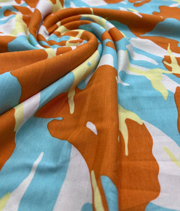 Orange Turq Camo Mix Print Viscose Elastane Fabric