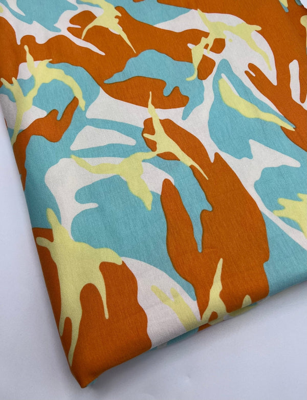 Orange Turq Camo Mix Print Viscose Elastane Fabric