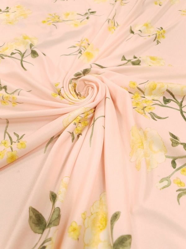 Pale Pink & Yellow Floral Print Lightweight Jersey Crepe Fabric 4 Way Stretch