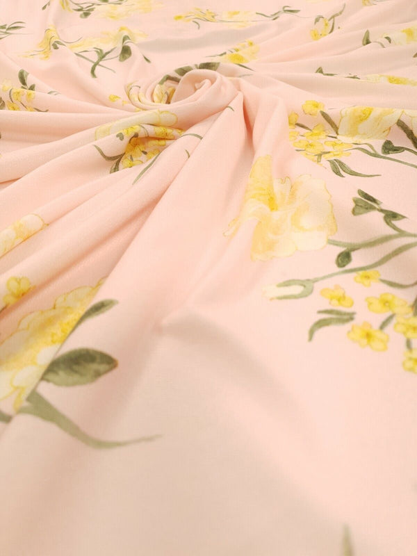 Pale Pink & Yellow Floral Print Lightweight Jersey Crepe Fabric 4 Way Stretch