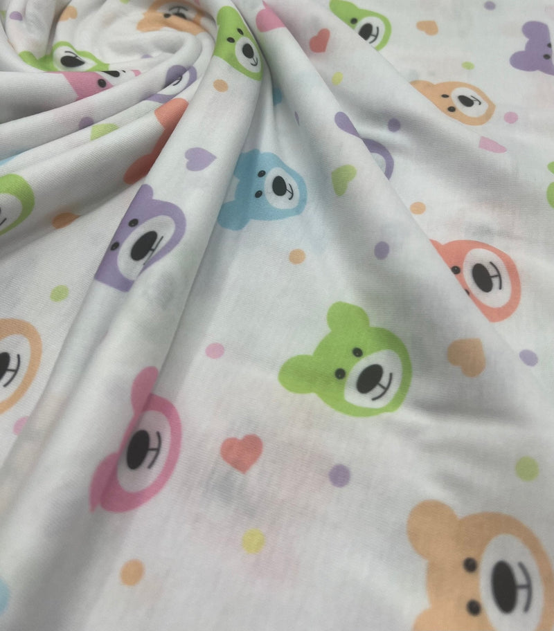 Pastel Colour Bear Faces Print Spun Poly Stretch Fabric
