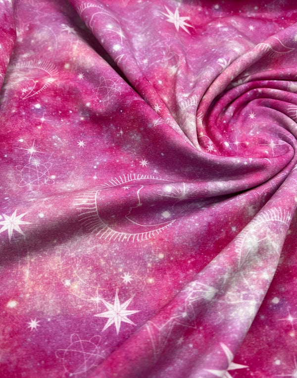 Pink Galaxy Print Cotton Stretch Jersey 200 GSM 95/5 Lycra 4 Way Stretch