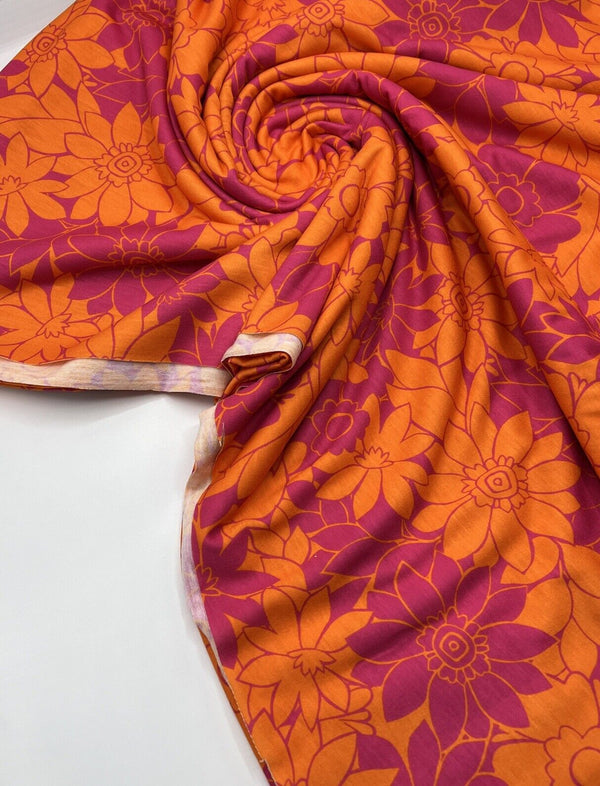 Purple Orange Floral Print Spun Poly Stretch Fabric