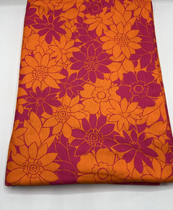 Purple Orange Floral Print Spun Poly Stretch Fabric
