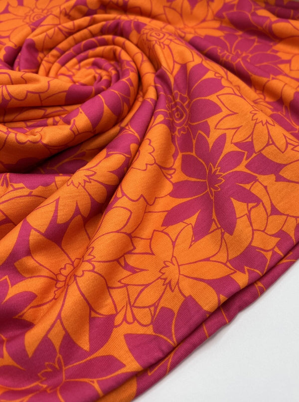 Purple Orange Floral Print Spun Poly Stretch Fabric