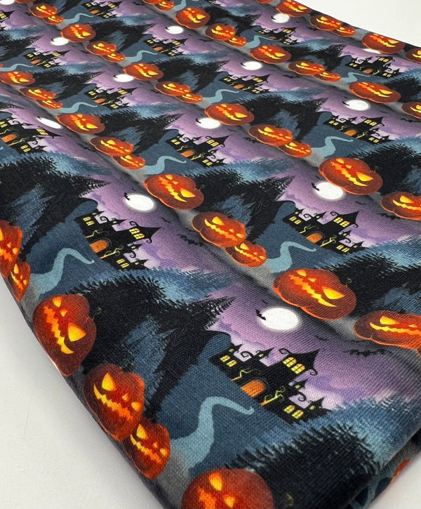 Purple Pumpkin Castle Halloween Print Spun Poly Stretch Fabric