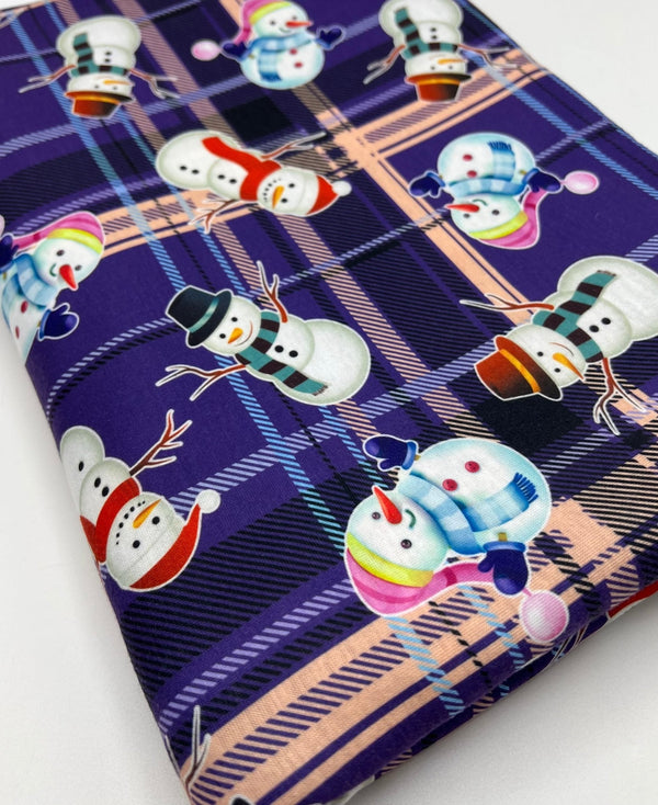 Purple Tartan Snowman Print Soft Spun Poly Stretch Fabric