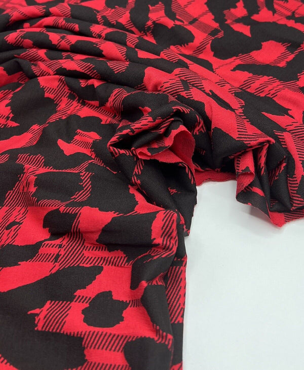 Red Black Tartan Print Black Viscose Elastane Fabric