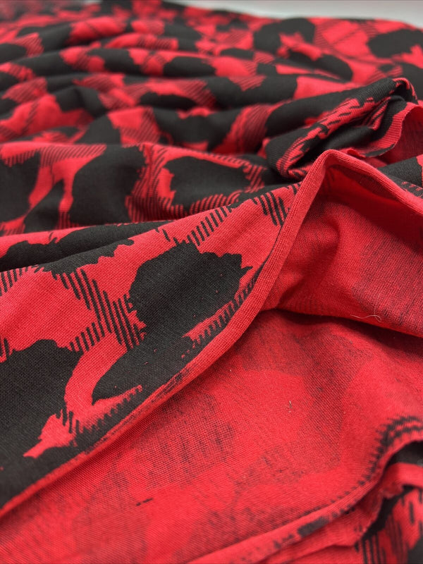 Red Black Tartan Print Black Viscose Elastane Fabric