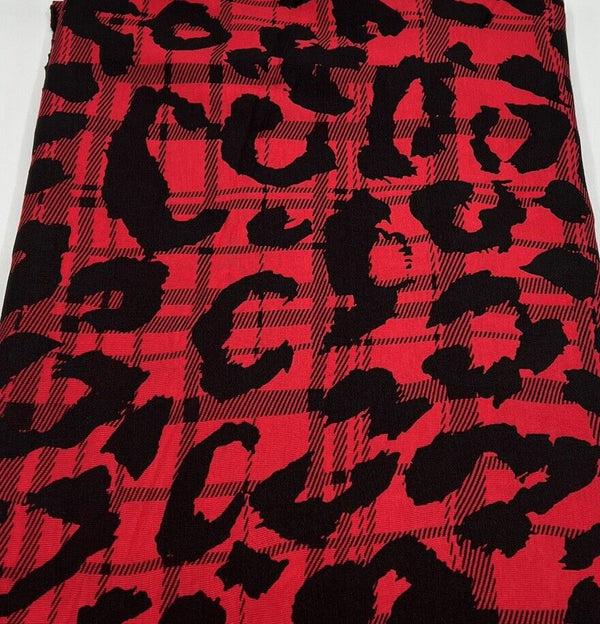 Red Black Tartan Print Black Viscose Elastane Fabric