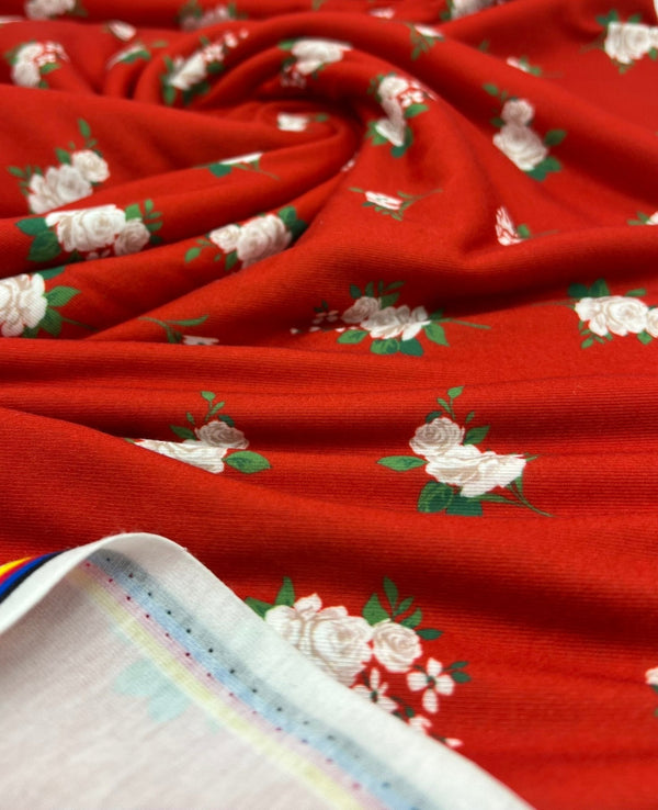 Red Floral Print Spun Poly Stretch Fabric