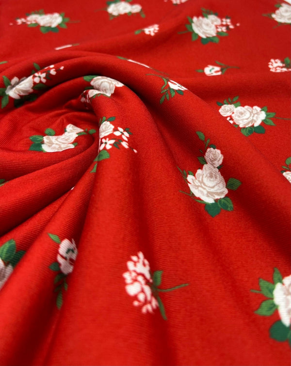 Red Floral Print Spun Poly Stretch Fabric
