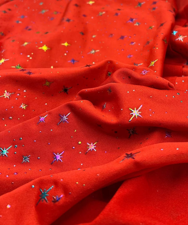 Red Multi Star Soft Spun Poly Stretch Fabric
