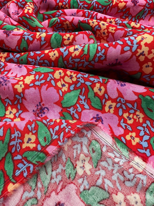 Red Pink Floral Lightweight Non Stretch Woven Fabric