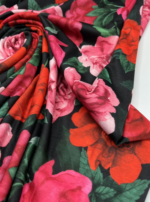 Red Pink Rose Floral Print Spun Poly Stretch Fabric