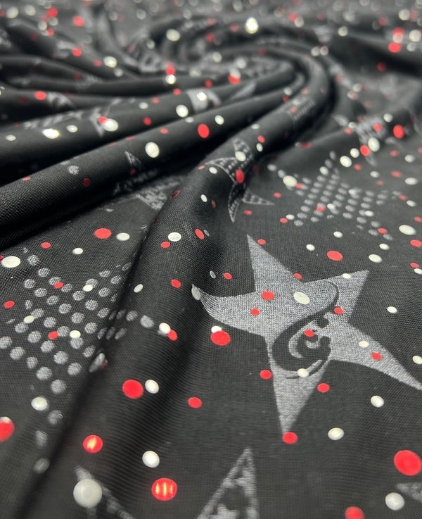 Red Silver Star Sequin Print Soft Touch 4 Way Stretch Fabric