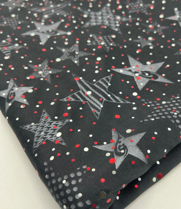 Red Silver Star Sequin Print Soft Touch 4 Way Stretch Fabric