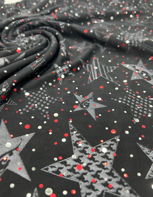 Red Silver Star Sequin Print Soft Touch 4 Way Stretch Fabric