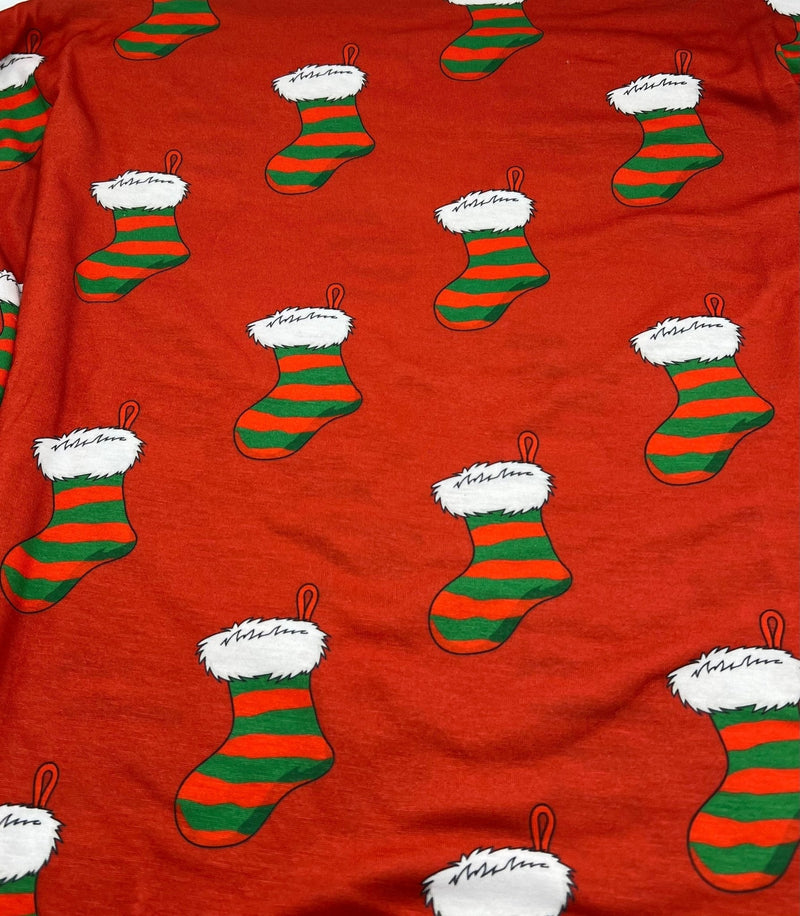 Red Stocking Print Soft Spun Poly Stretch Fabric