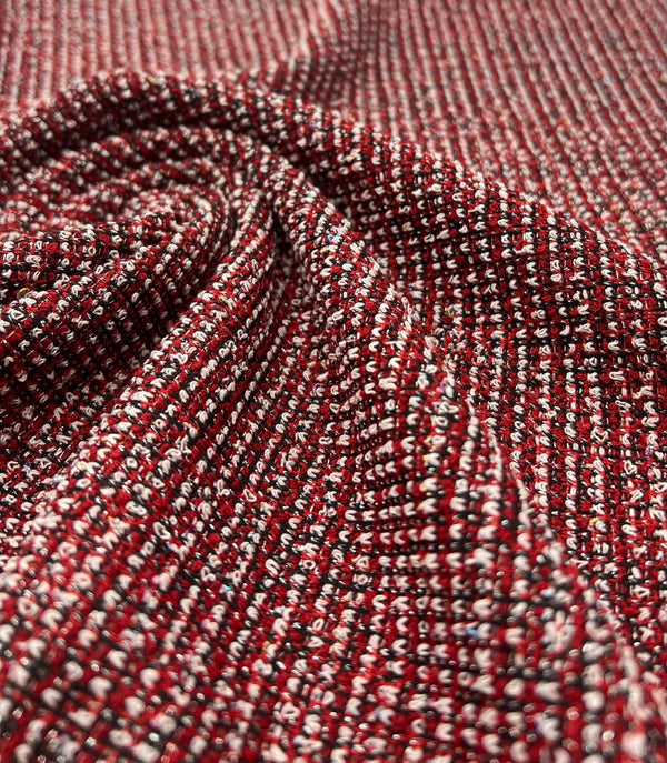 Red White Black Silver Thread Boucle 2 Way Stretch Fabric