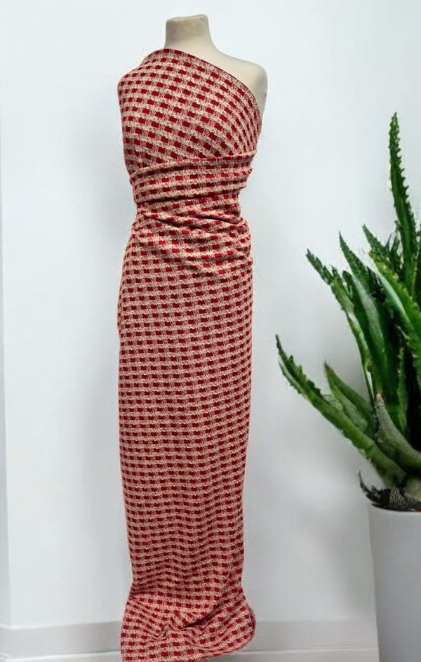 Red White Gingham Gold Speckle Jacquard Stretch Fabric