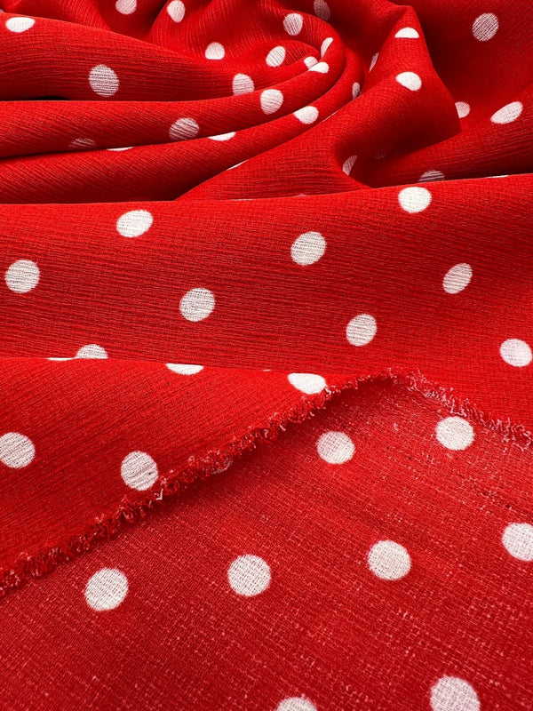 Red White Polka Spot Lightweight Crepe Non Stretch Fabric