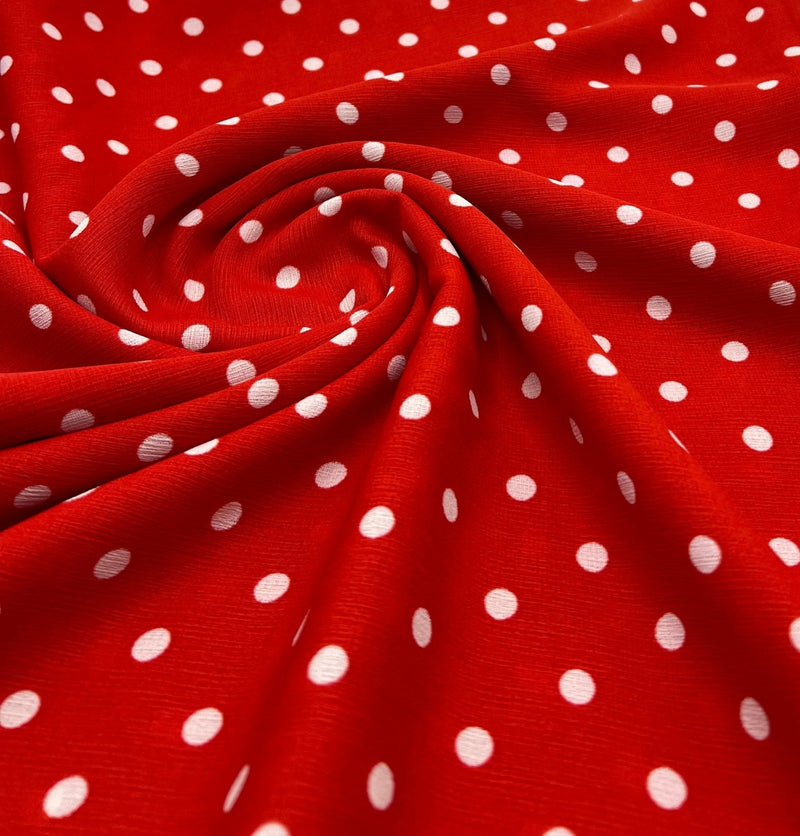 Red White Polka Spot Lightweight Crepe Non Stretch Fabric