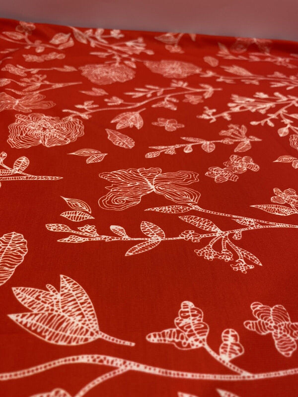 Red & White Sketch Floral Print Spun Poly Stretch Fabric