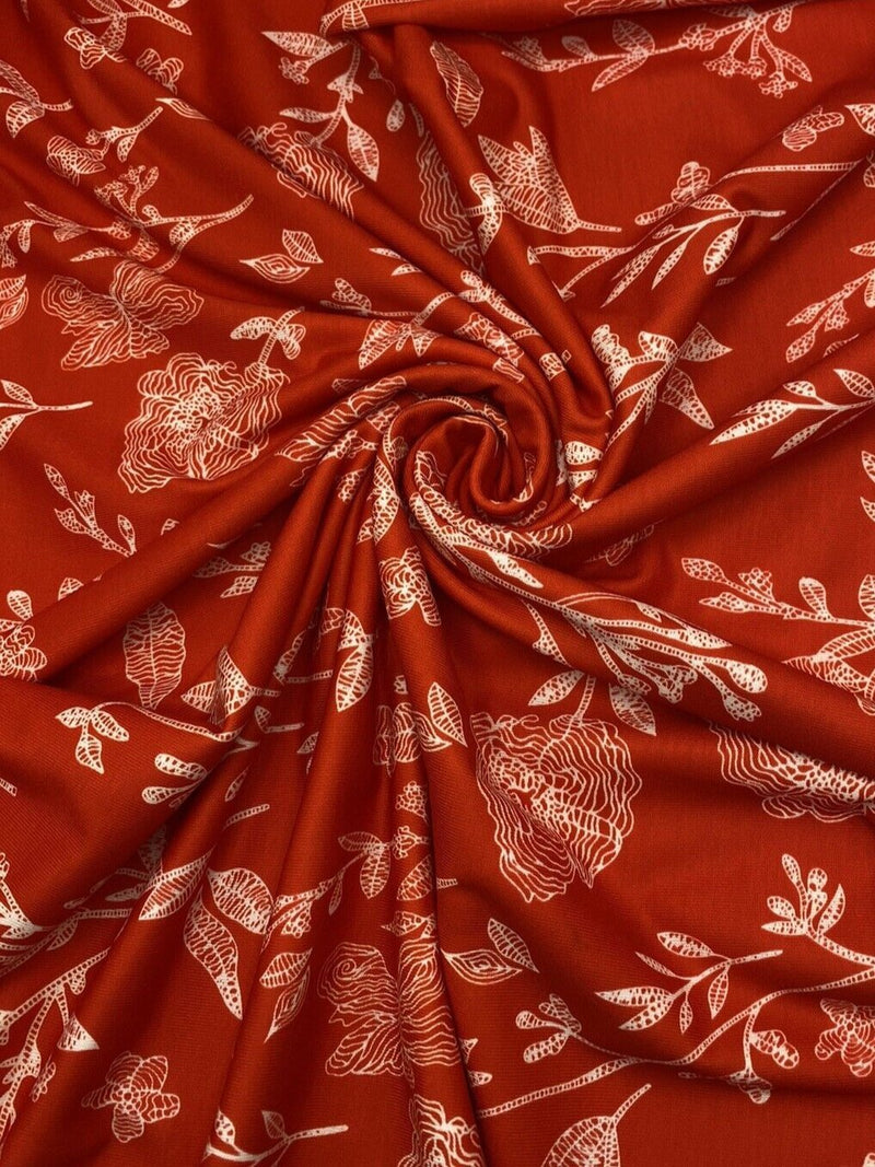 Red & White Sketch Floral Print Spun Poly Stretch Fabric
