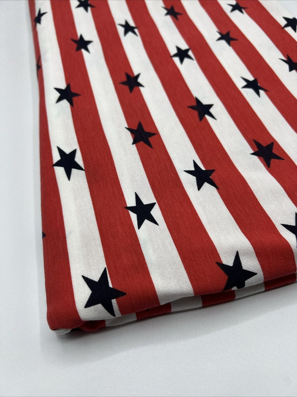 Red & White Star Horizontal Stripe Print Viscose Elastane Fabric