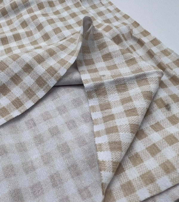 Sand & White Check Print Viscose Elastane Fabric