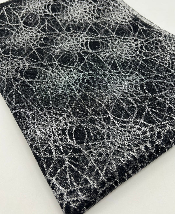 Silver Black Cobweb Halloween Print Mesh Fabric Stretch