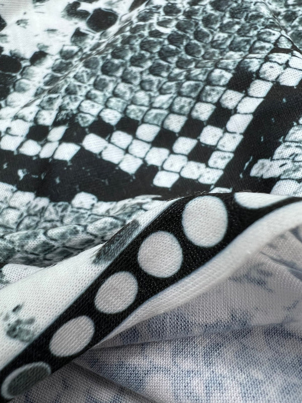 Silver Grey Snake Print Spun Poly Stretch Fabric